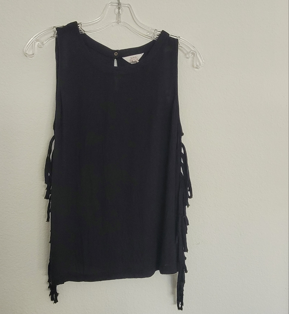 Sun&Shadow Black Top with Fringe Sides SizeM